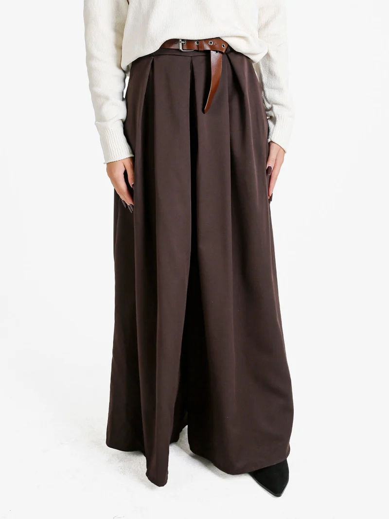 Pantaloni donna a gamba larga con cintura - moro