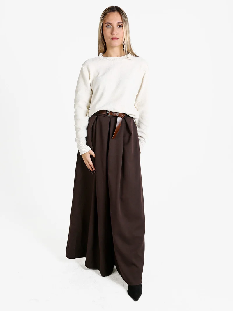 Pantaloni donna a gamba larga con cintura - moro