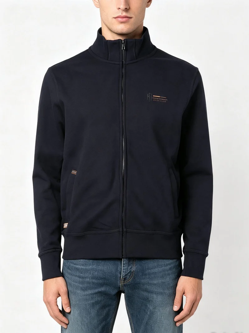 Felpa da uomo a collo alto con zip in cotone e interano felpato - blu scuro