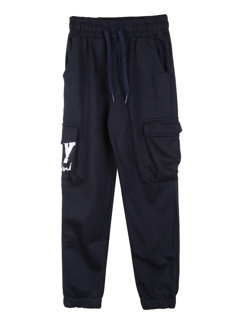 Pantaloni sportivi da bambino con tasconi laterali e interno felpato - blu scuro