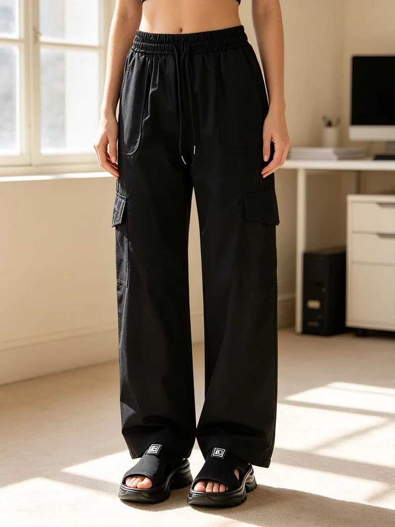 Pantaloni donna a gamba larga con tasconi laterali e coulisse - nero