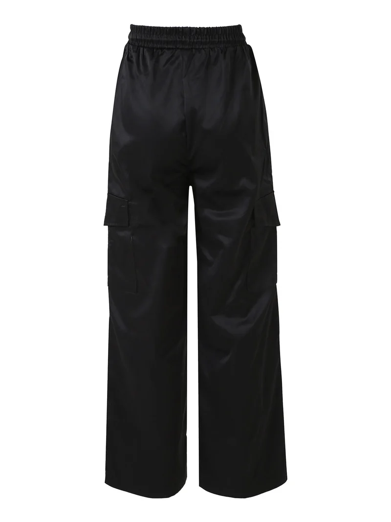 Pantaloni donna a gamba larga con tasconi laterali e coulisse - nero