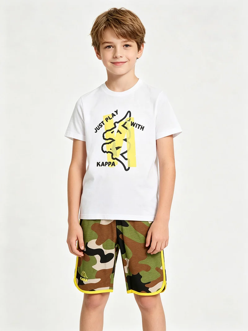 Completo corto 2 pezzi da ragazzo in cotone con t-shirt e bermuda militare - bianco