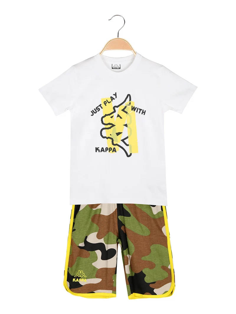 Completo corto 2 pezzi da ragazzo in cotone con t-shirt e bermuda militare - bianco