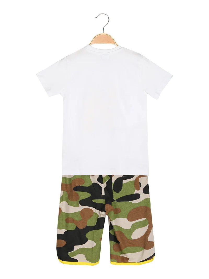 Completo corto 2 pezzi da ragazzo in cotone con t-shirt e bermuda militare - bianco
