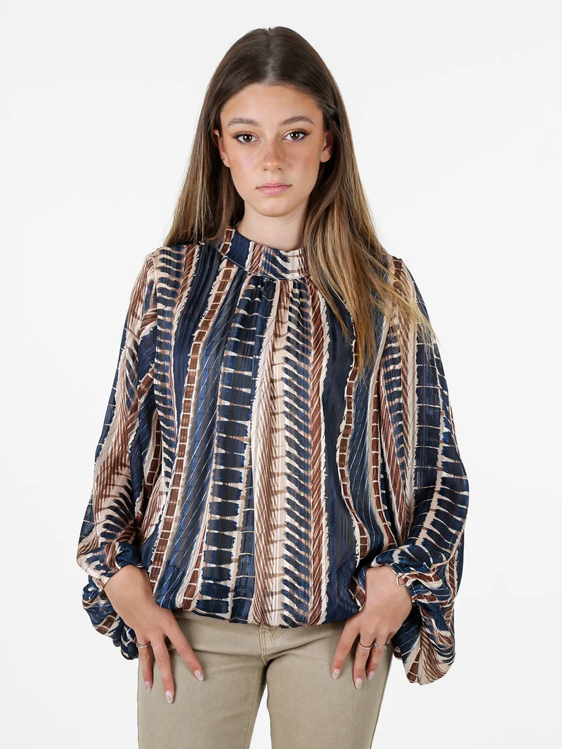 Blusa donna con stampe e maniche lunghe velate a palloncino - blu