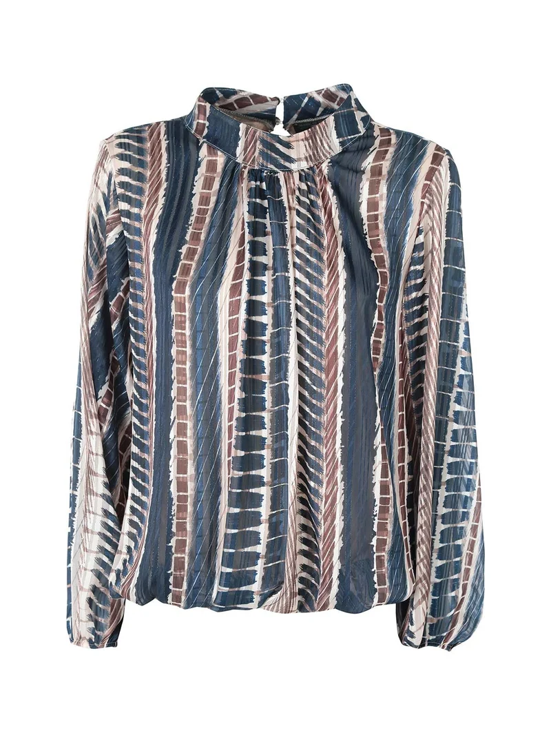 Blusa donna con stampe e maniche lunghe velate a palloncino - blu