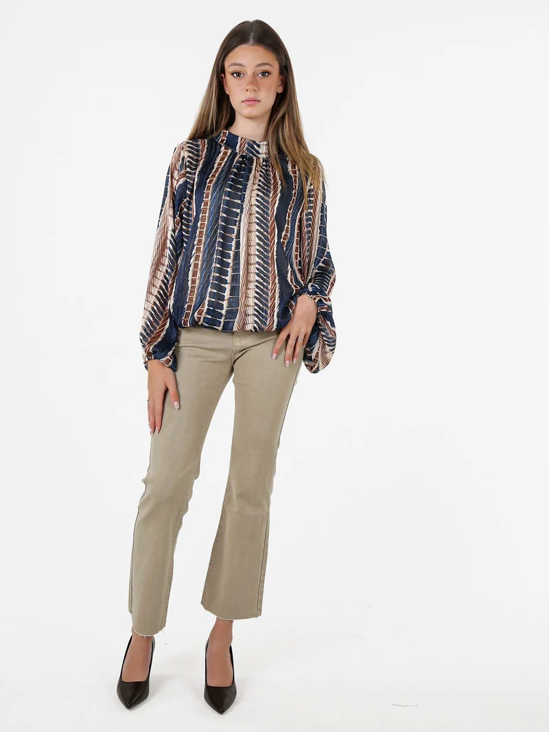 Blusa donna con stampe e maniche lunghe velate a palloncino - blu