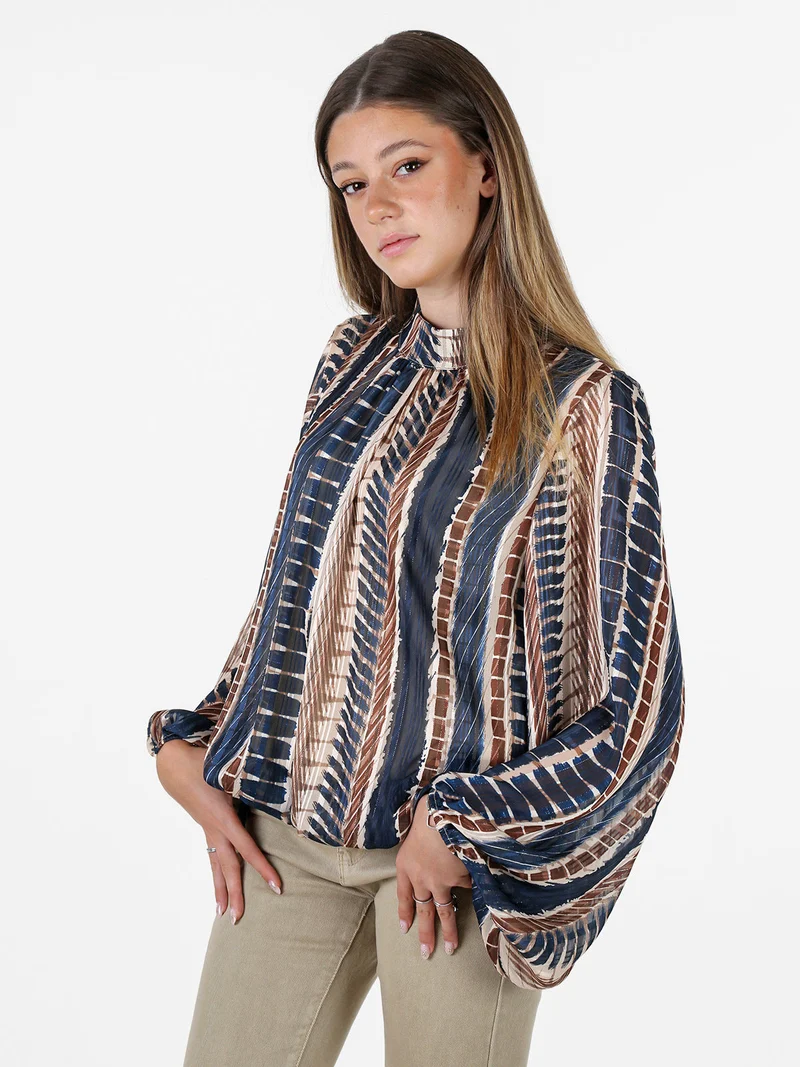 Blusa donna con stampe e maniche lunghe velate a palloncino - blu