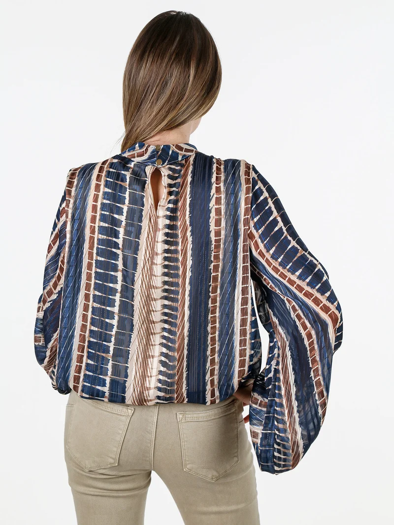 Blusa donna con stampe e maniche lunghe velate a palloncino - blu