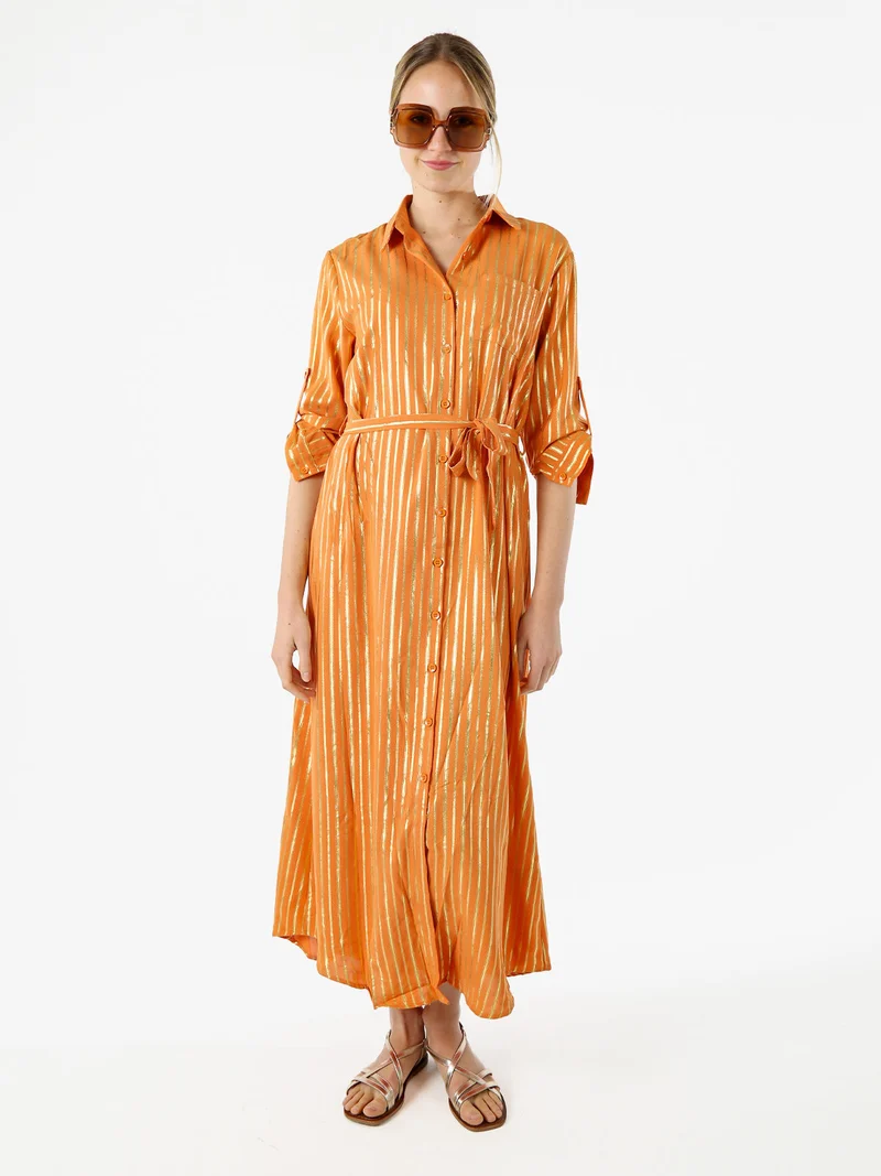 Abito lungo a camicia con maniche lunghe e stampa a righe - arancione
