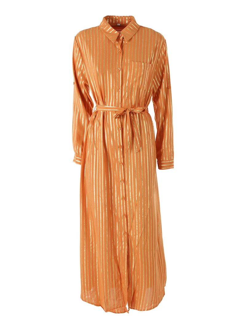 Abito lungo a camicia con maniche lunghe e stampa a righe - arancione