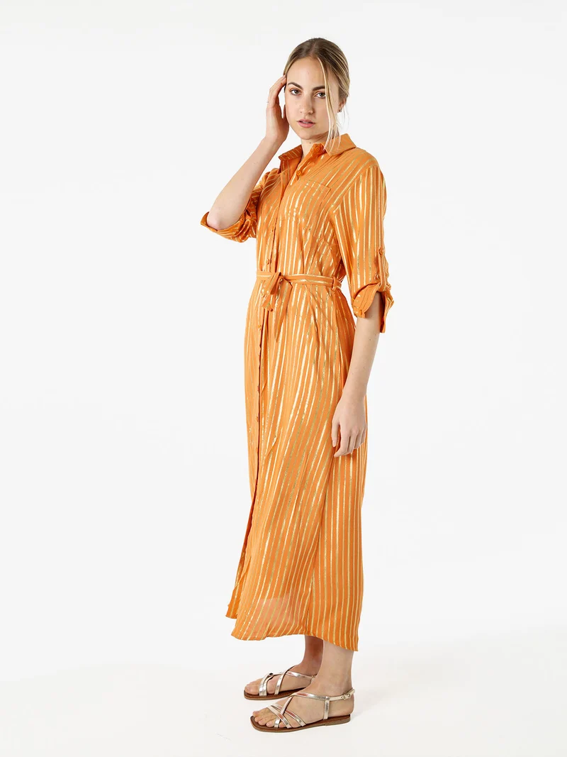 Abito lungo a camicia con maniche lunghe e stampa a righe - arancione
