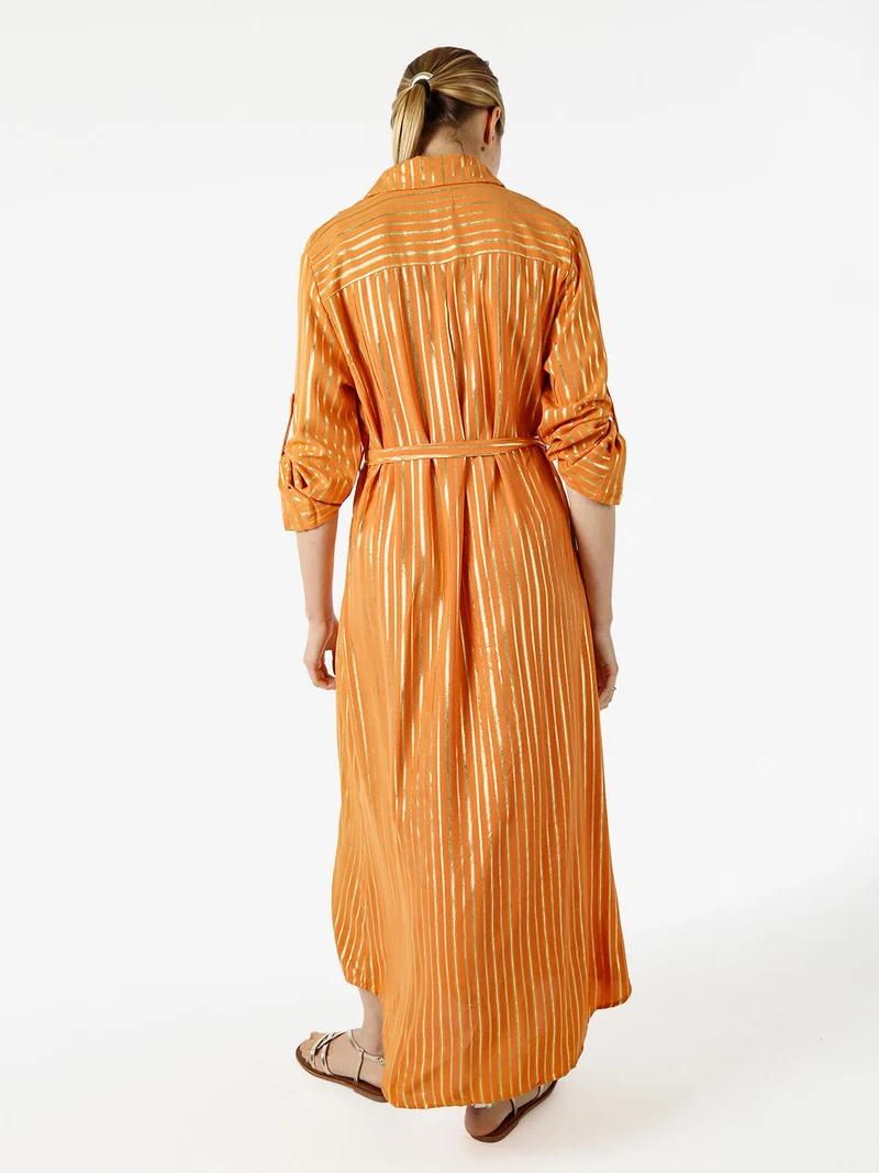 Abito lungo a camicia con maniche lunghe e stampa a righe - arancione
