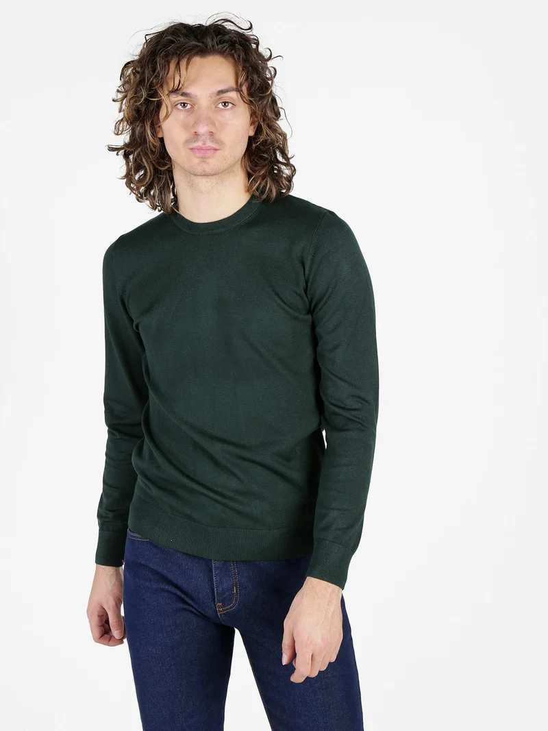 Pullover girocollo da uomo in maglia - verde scuro