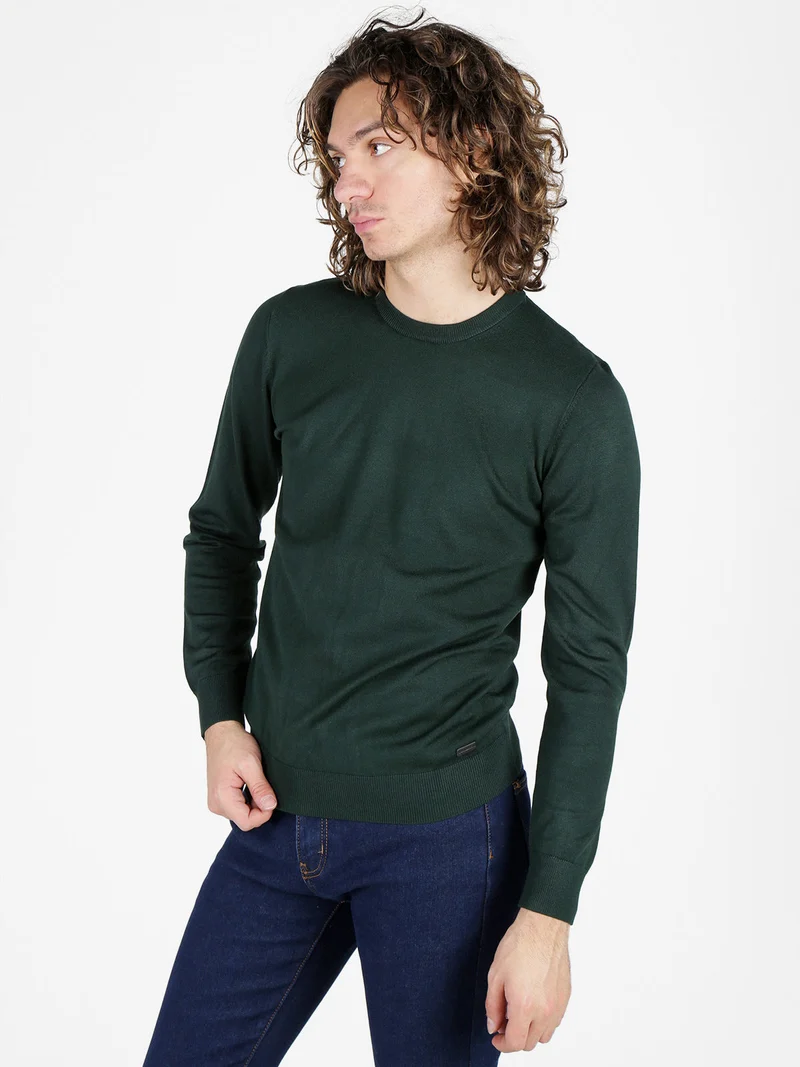 Pullover girocollo da uomo in maglia - verde scuro