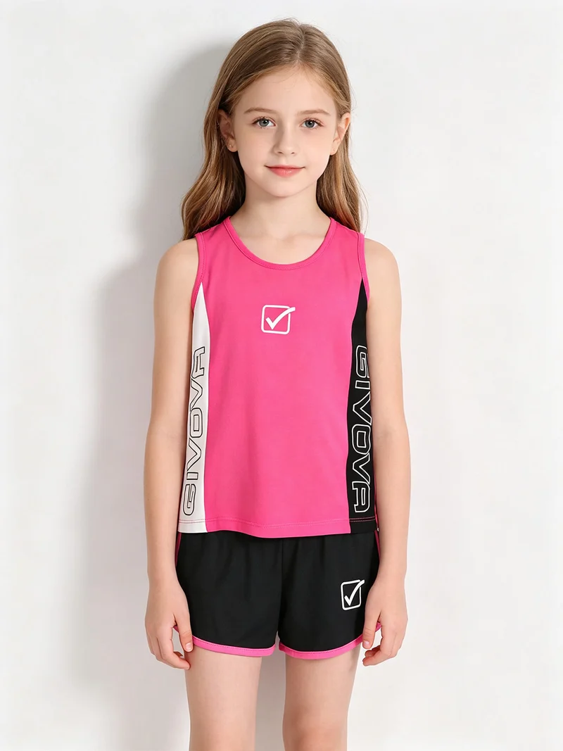 Completo corto da bambina canotta e shorts - fucsia