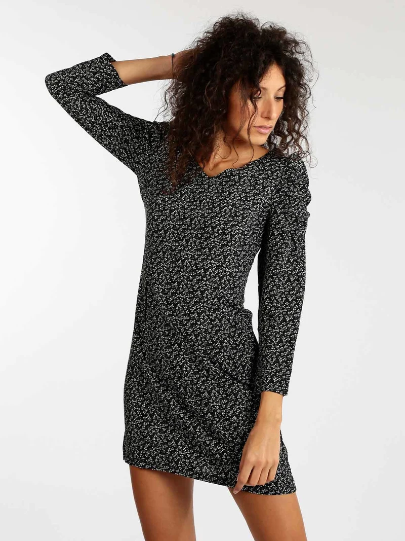 Vestito donna a fiori con manica arricciata - nero