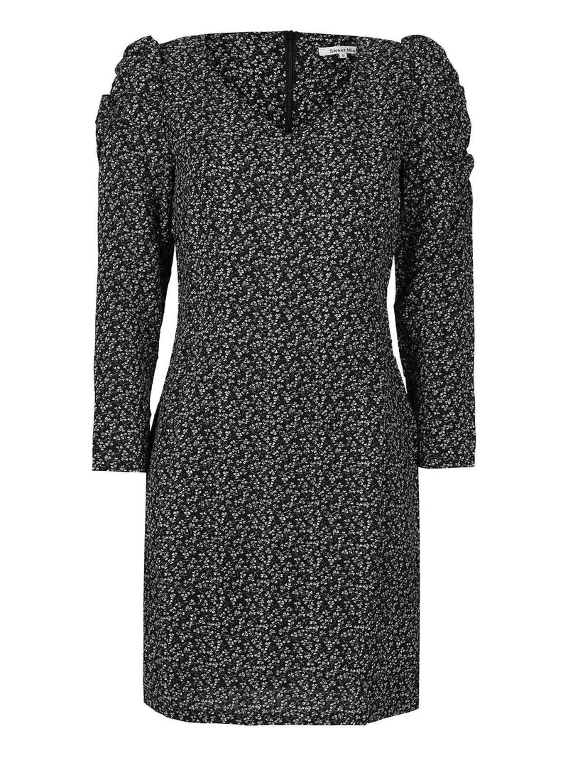Vestito donna a fiori con manica arricciata - nero