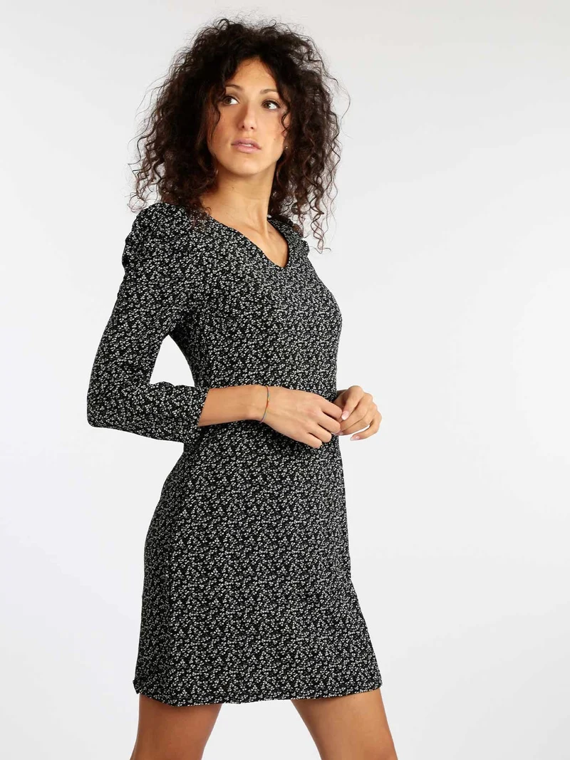 Vestito donna a fiori con manica arricciata - nero