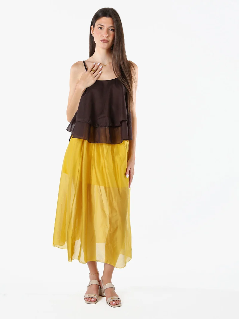 Top donna leggero con spalline strette e balza - moro