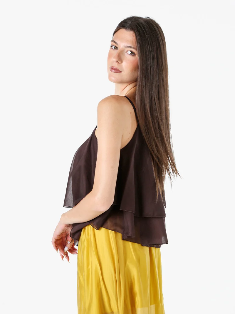 Top donna leggero con spalline strette e balza - moro