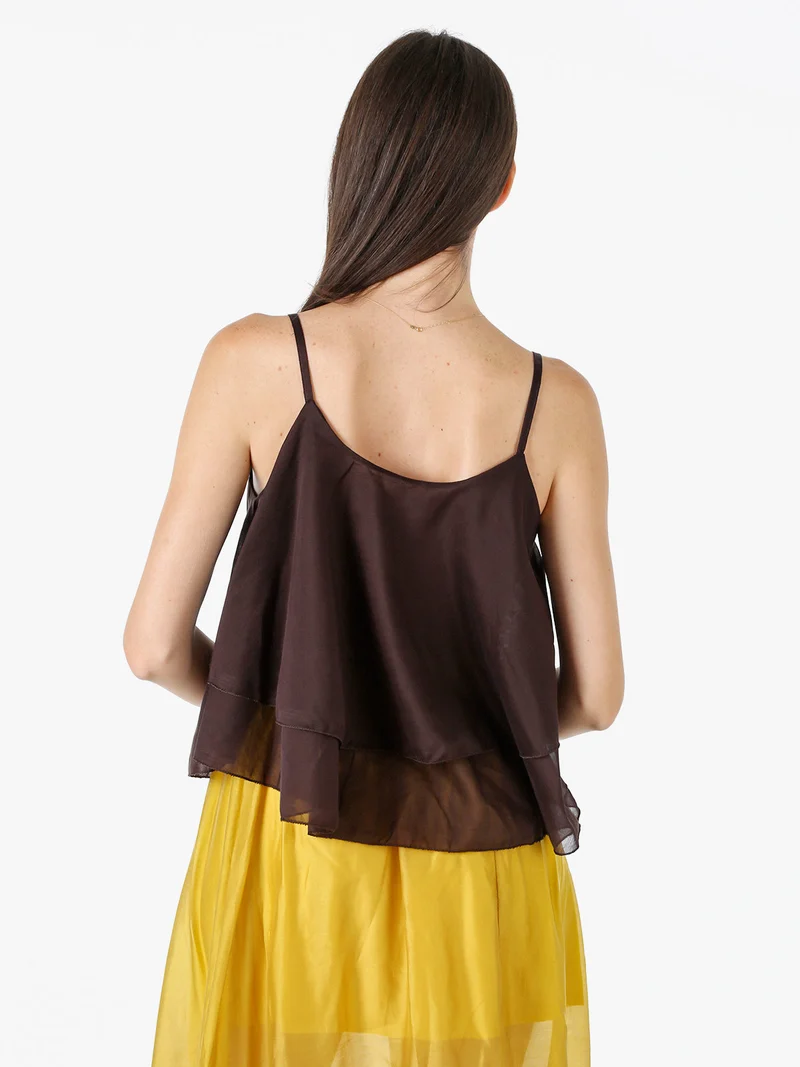 Top donna leggero con spalline strette e balza - moro