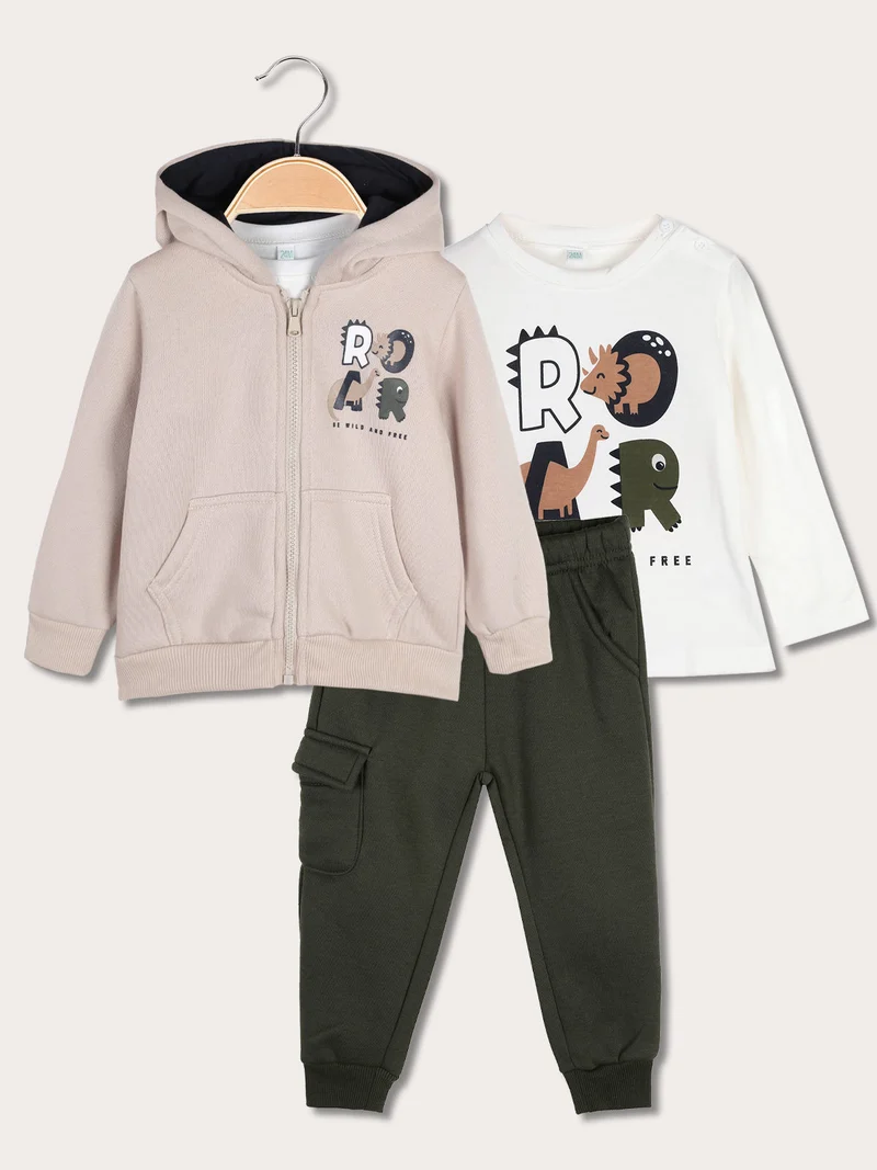 Completo 3 pezzi da neonato con cappuccio e zip - beige