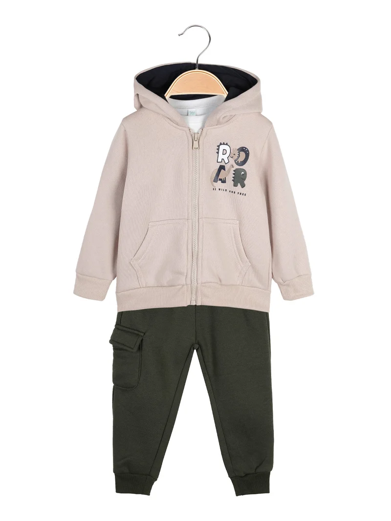 Completo 3 pezzi da neonato con cappuccio e zip - beige