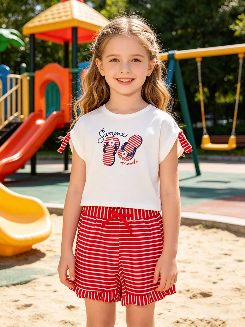 Completo corto da bambina 2 pezzi con shorts a righe - bianco