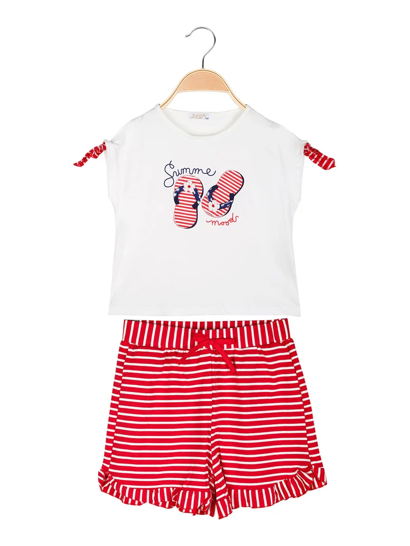 Completo corto da bambina 2 pezzi con shorts a righe - bianco