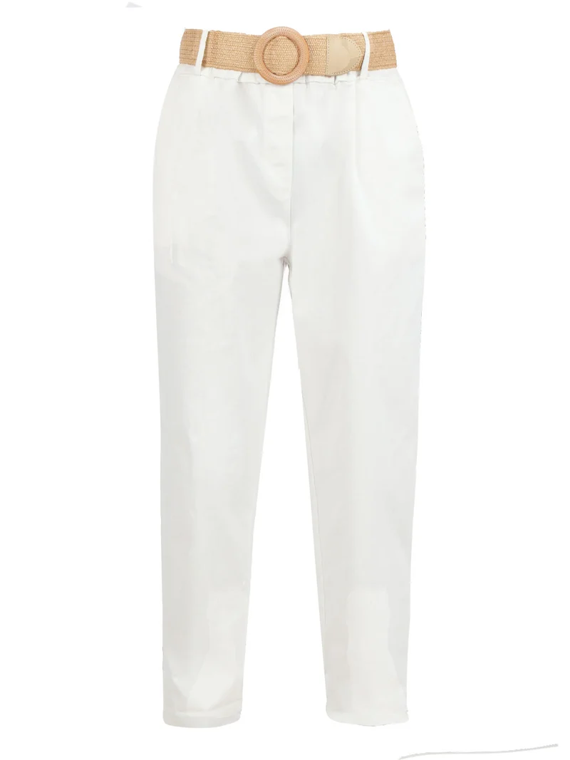 Pantaloni donna a gamba larga con cintura - bianco