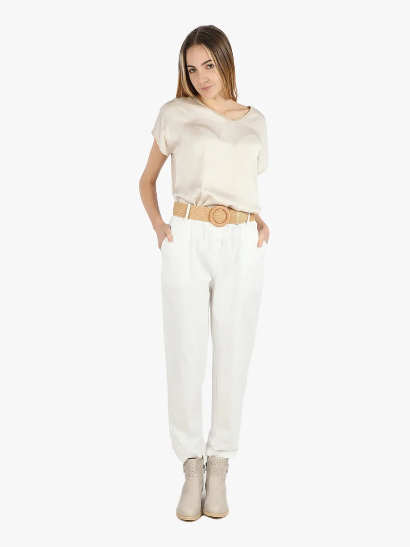 Pantaloni donna a gamba larga con cintura - bianco