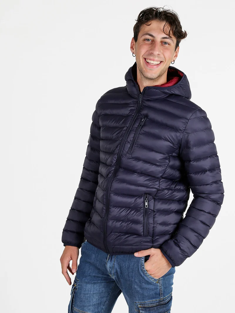 Giubbotto da uomo imbottito con cappuccio e zip - blu scuro