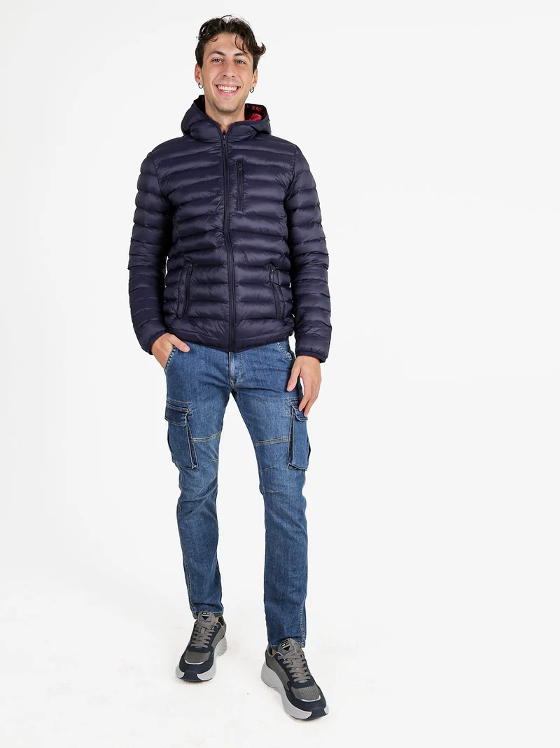 Giubbotto da uomo imbottito con cappuccio e zip - blu scuro