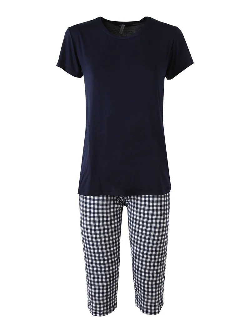 Pigiama da donna in fibre di bamboo con t-shirt e pinocchietti a quadretti - blu scuro