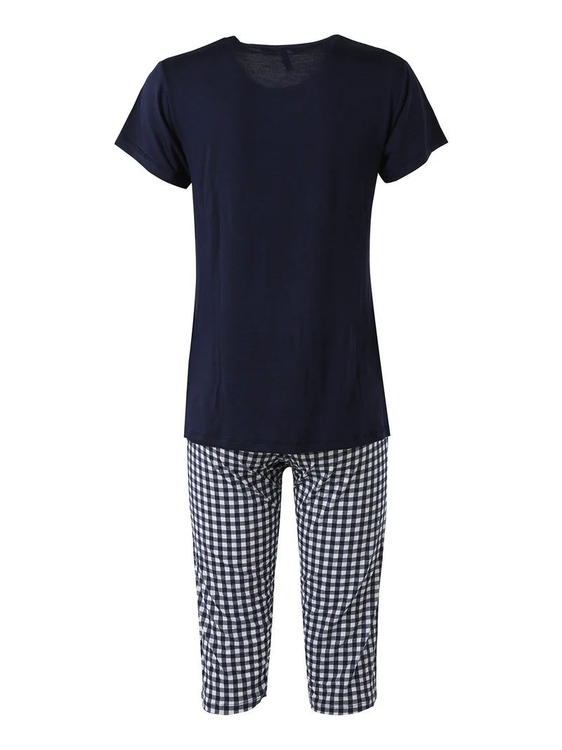 Pigiama da donna in fibre di bamboo con t-shirt e pinocchietti a quadretti - blu scuro