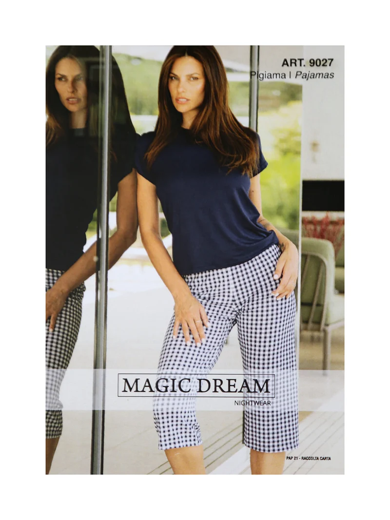 Pigiama da donna in fibre di bamboo con t-shirt e pinocchietti a quadretti - blu scuro