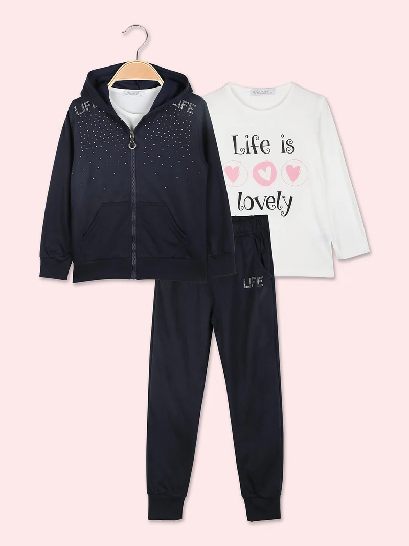 Completo tuta 3 pezzi da bambina con cappuccio e zip - blu scuro