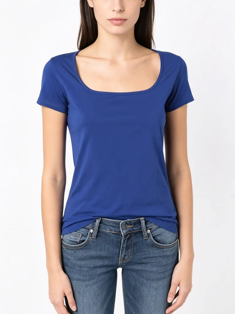 T-shirt da donna in cotone con scollo quadrato - bluette