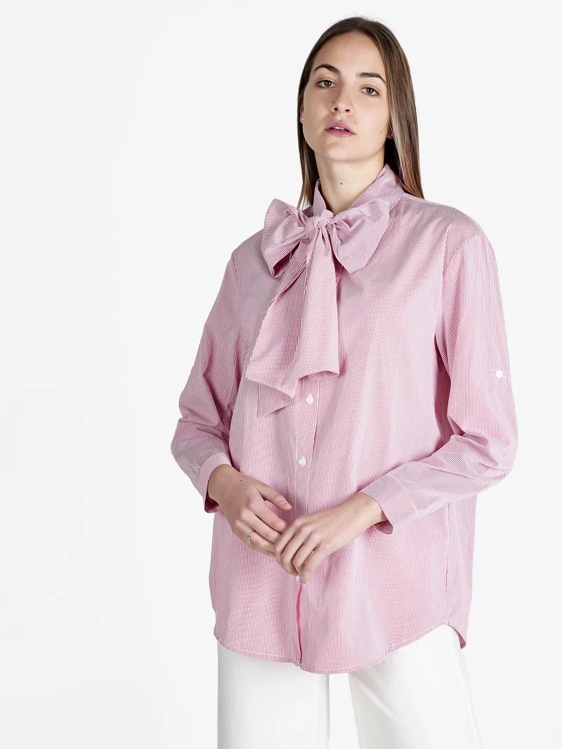 Camicia rigata da donna a maniche lunghe - rosso
