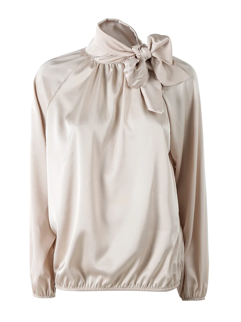 Blusa donna in tessuto simil raso a maniche lunghe - beige