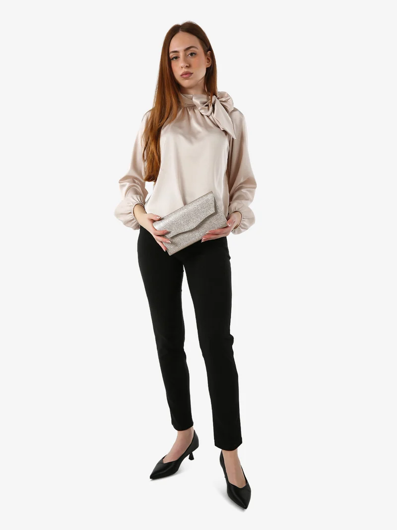 Blusa donna in tessuto simil raso a maniche lunghe - beige