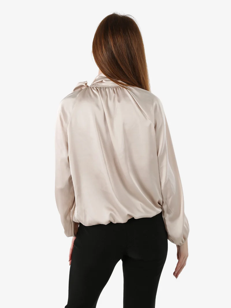 Blusa donna in tessuto simil raso a maniche lunghe - beige