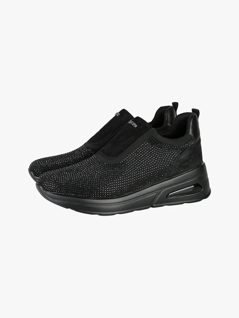 Sneakers donna slip on con zeppa e strass - nero