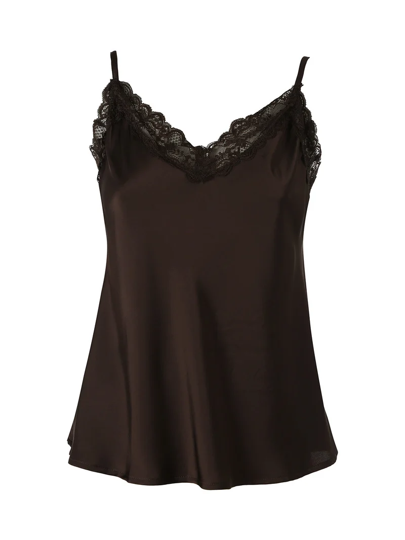 Top donna effetto raso con scollo in pizzo e spalline strette - moro