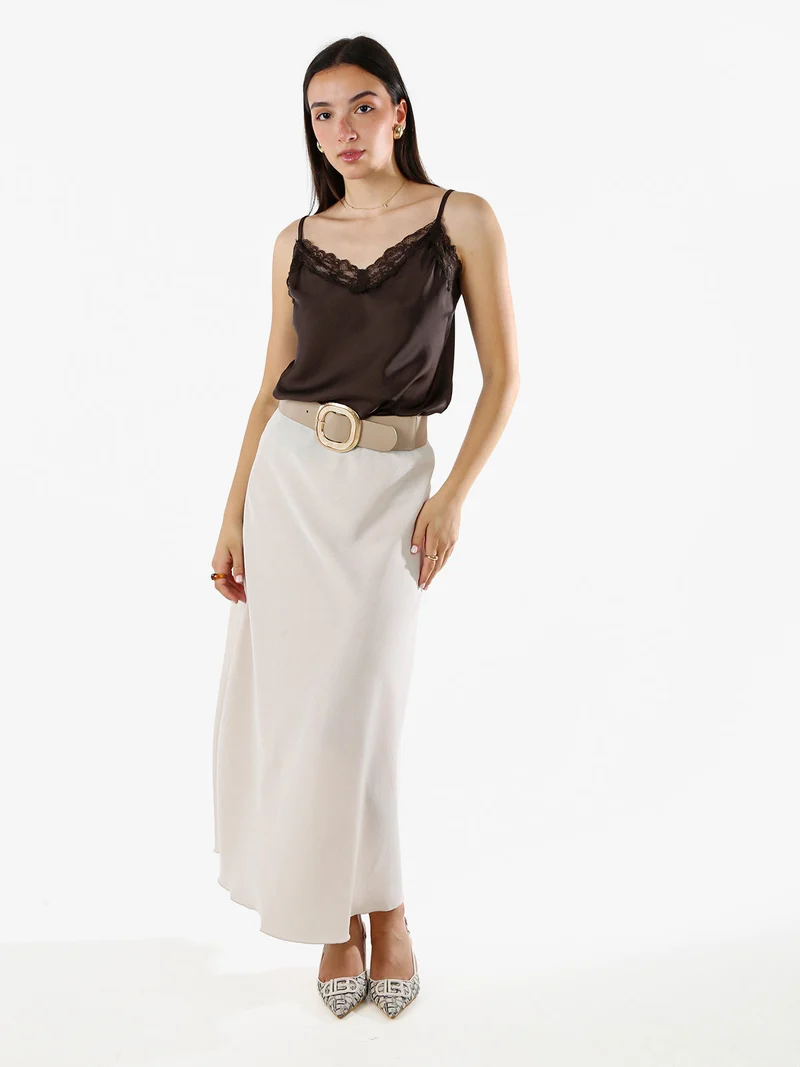 Top donna effetto raso con scollo in pizzo e spalline strette - moro
