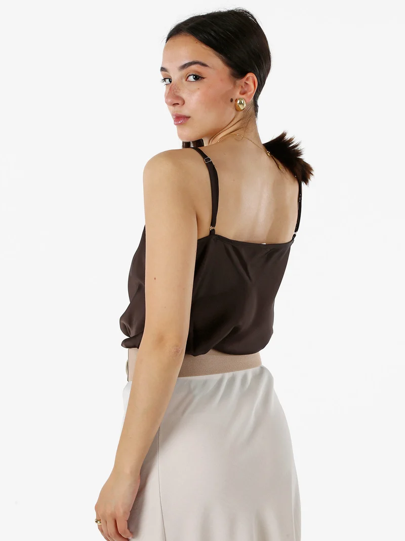Top donna effetto raso con scollo in pizzo e spalline strette - moro