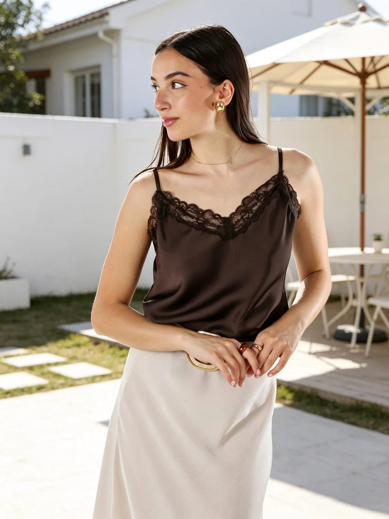Top donna effetto raso con scollo in pizzo e spalline strette - moro
