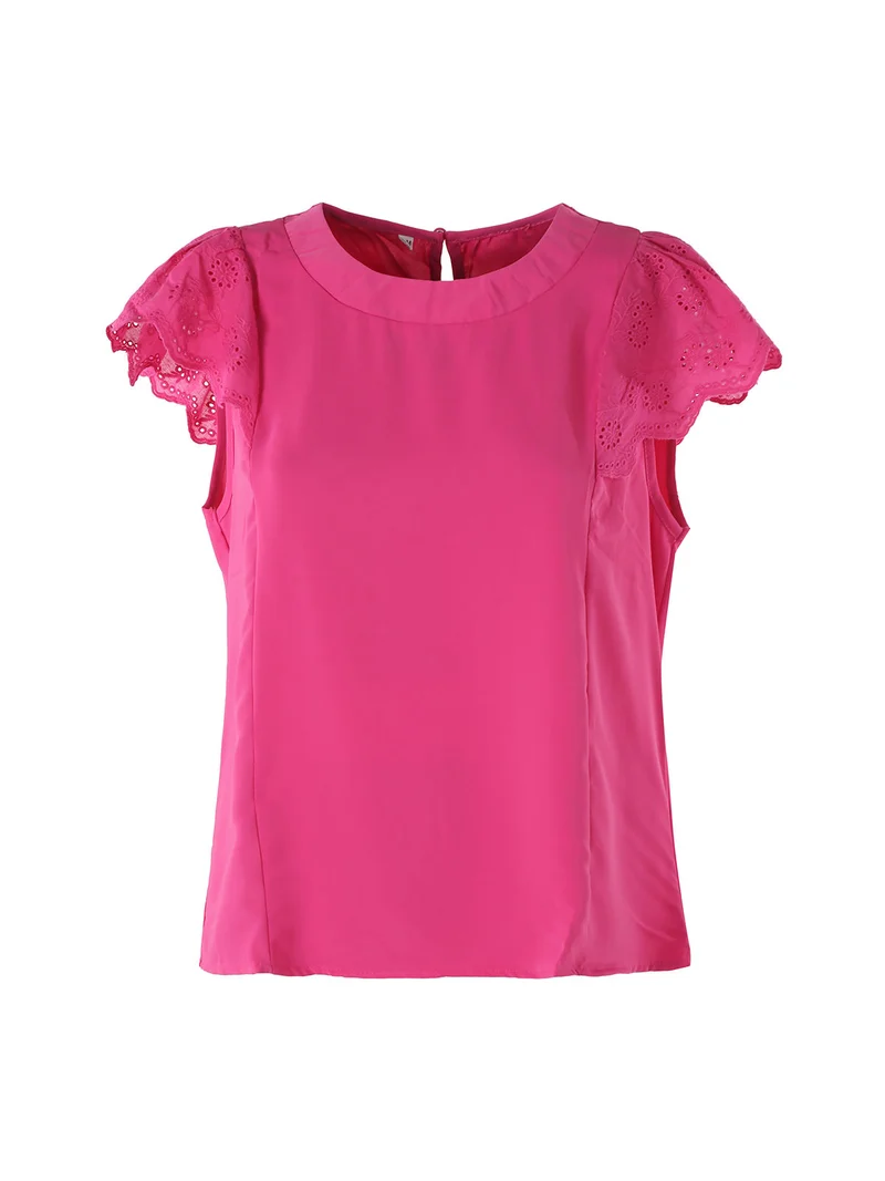 Blusa donna con maniche corte in pizzo macramè - fucsia